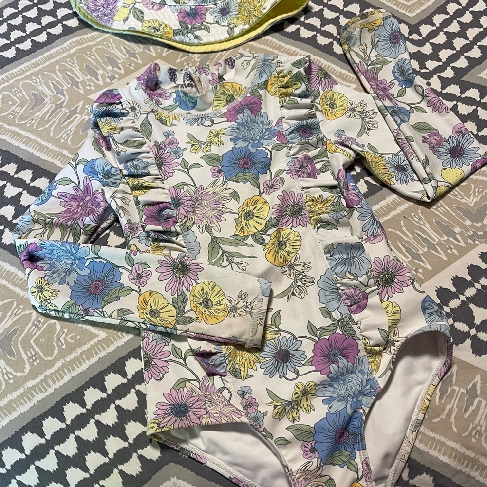 Floral Kids One Piece Swimsuit with Ruffles with hat see photo